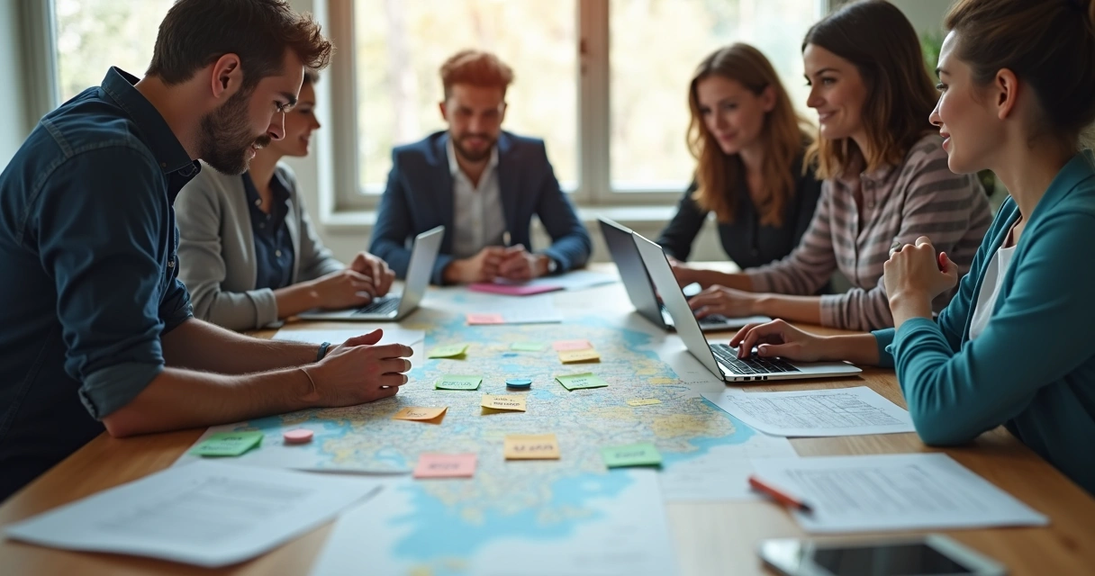 Equipe reunida escrevendo conteúdo sobre região, mapas e laptops sobre a mesa 