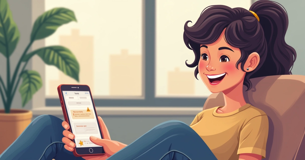 Cliente sorrindo lendo conteúdo pós-venda em smartphone 