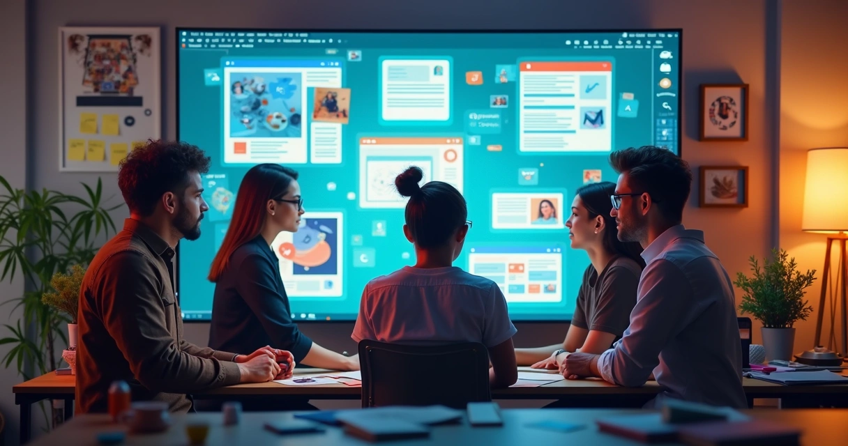 Afiliados e empresa criando conteúdo colaborativo em tela 