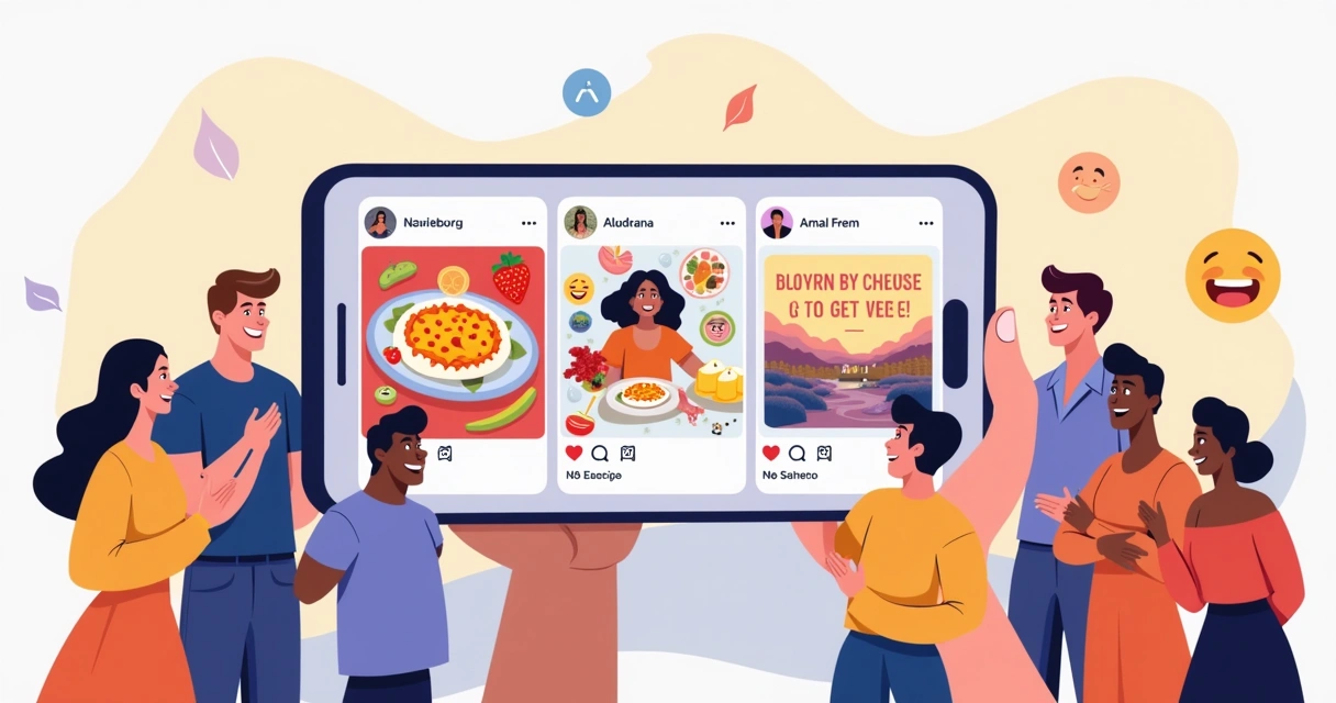 Vibrant smartphone showing three types of Instagram content: a recipe, a humorous meme, and an inspirational quote.