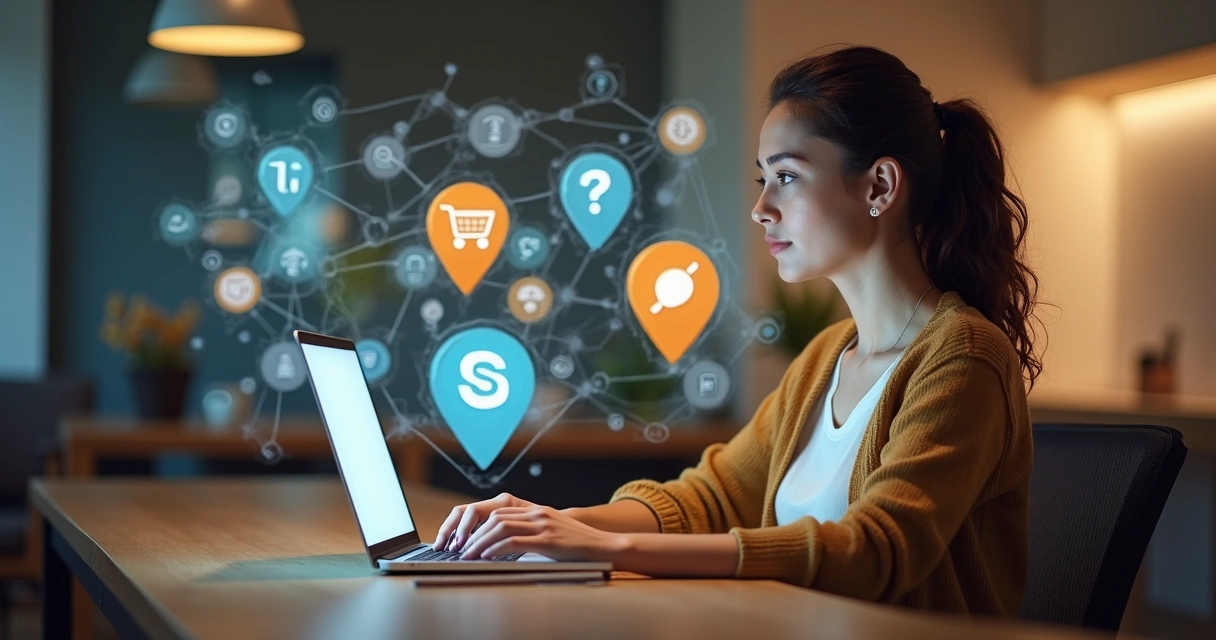 Usuária pesquisando em notebook conteúdo relevante 