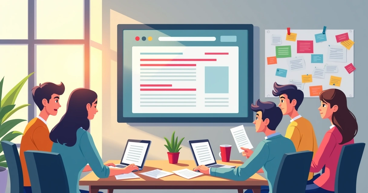 Equipe revisando conteúdo em escritório moderno 