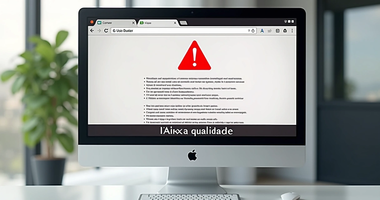 Página digital com textos repetidos e alerta de baixa qualidade 