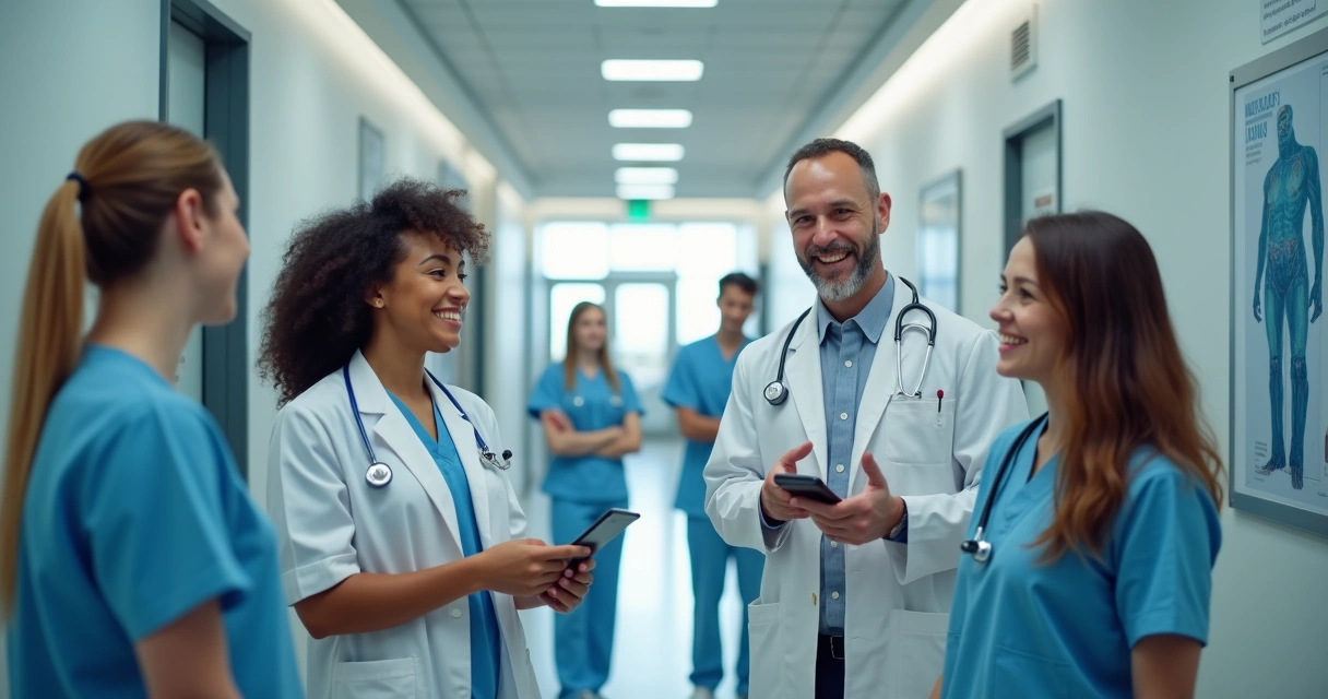 Equipe médica gravando vídeo explicativo na recepção da clínica 