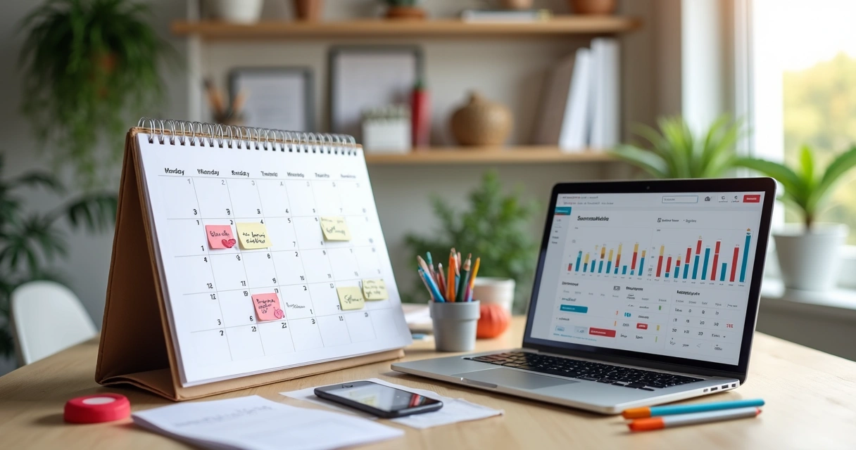 Calendário com datas sazonais destacadas ao lado de notebook com gráficos de marketing 