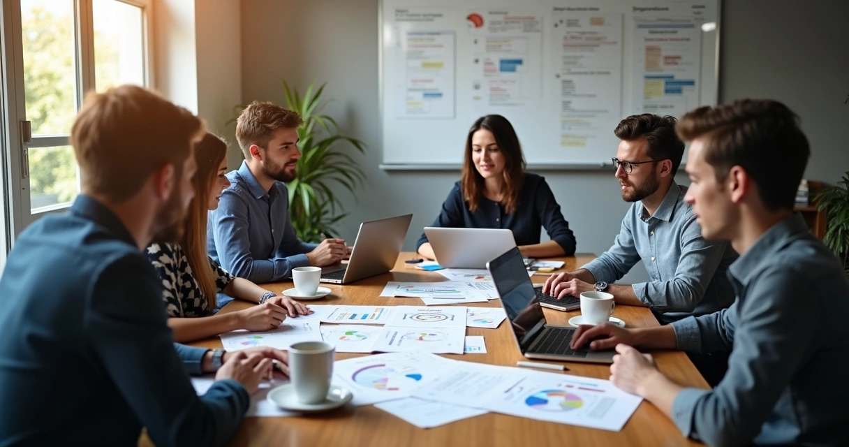 Equipe reunida discutindo estratégias de conteúdo para público segmentado 