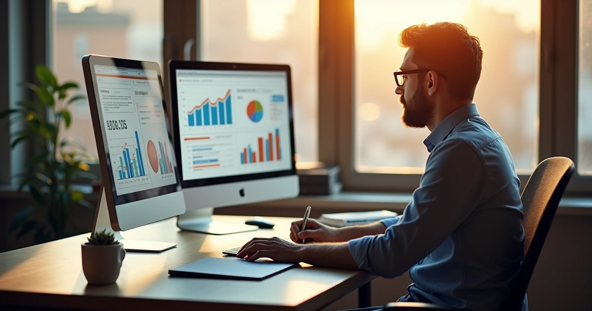 Gestora de conteúdo analisando gráficos em computadores sobre SEO e blog
