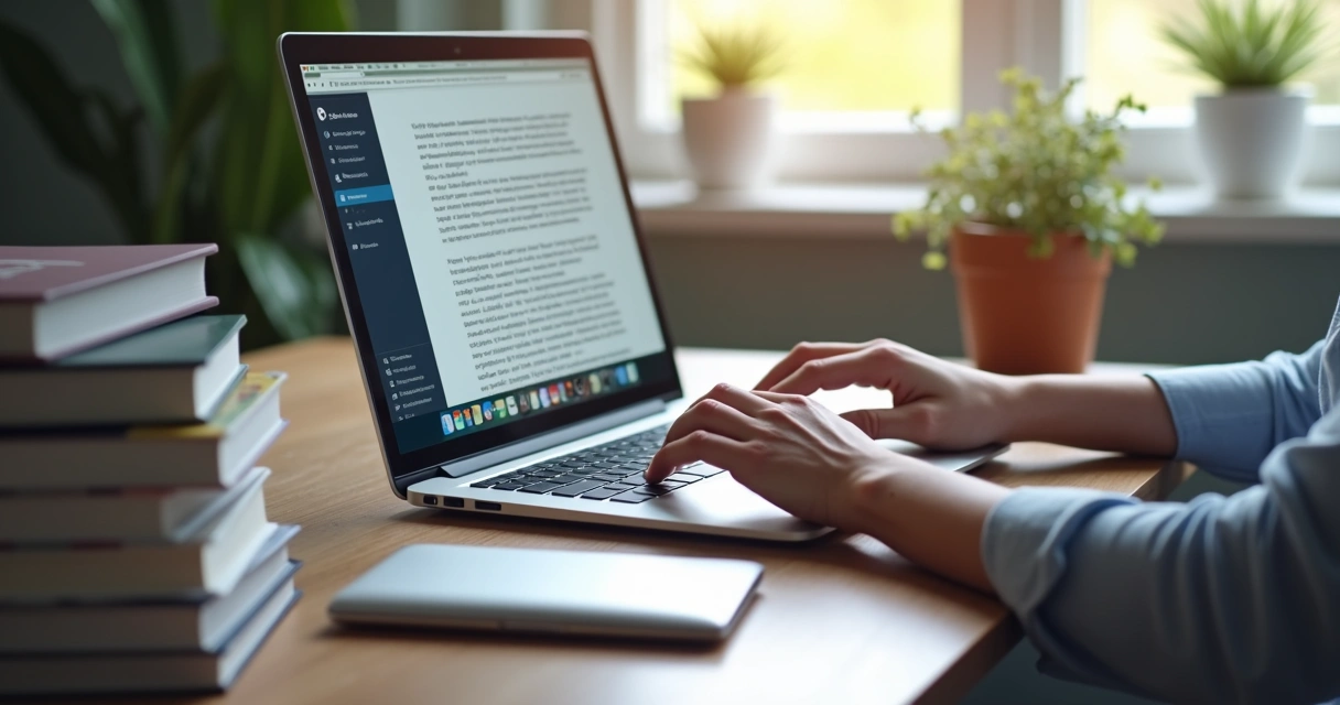 Profissional digitando artigos sobre fisioterapia em notebook 