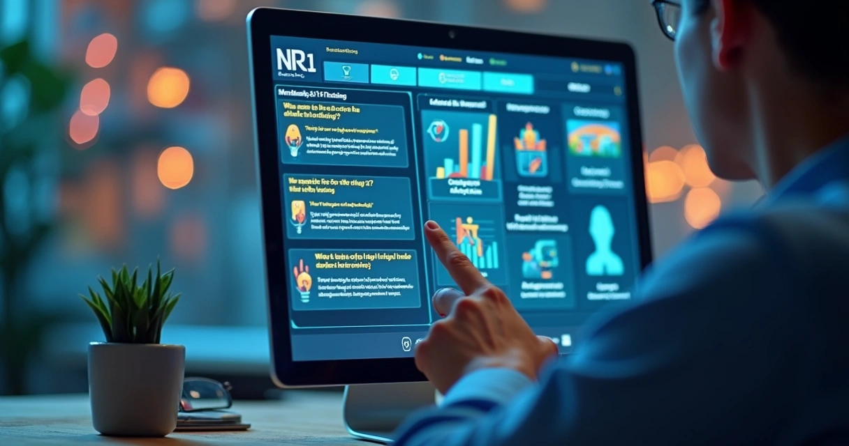 Treinamento digital sobre NR-1 exibindo conteúdo interativo