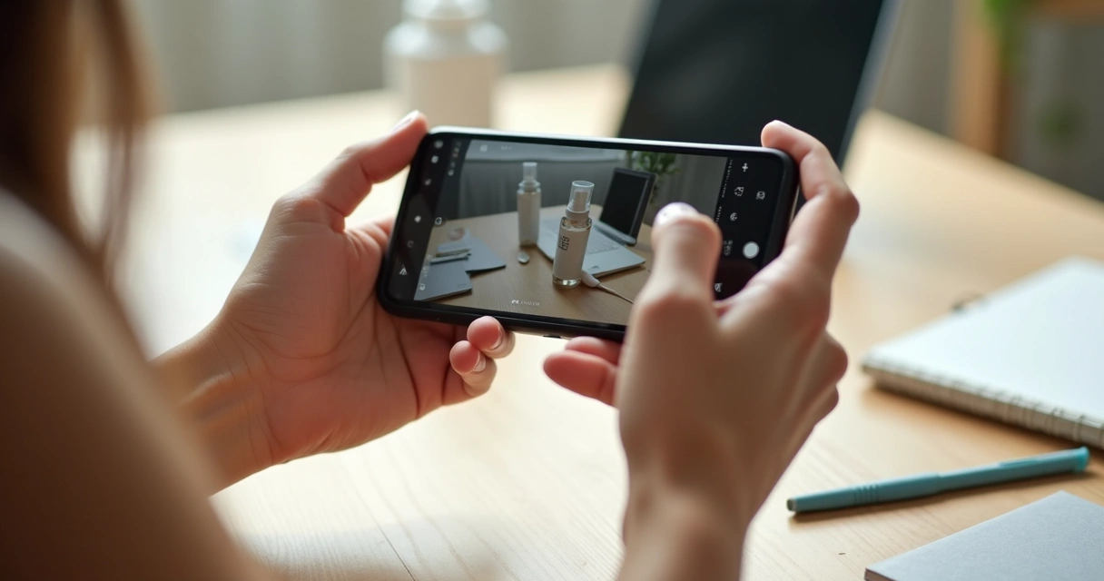 Pessoa filmando um produto com o celular, em ambiente iluminado 