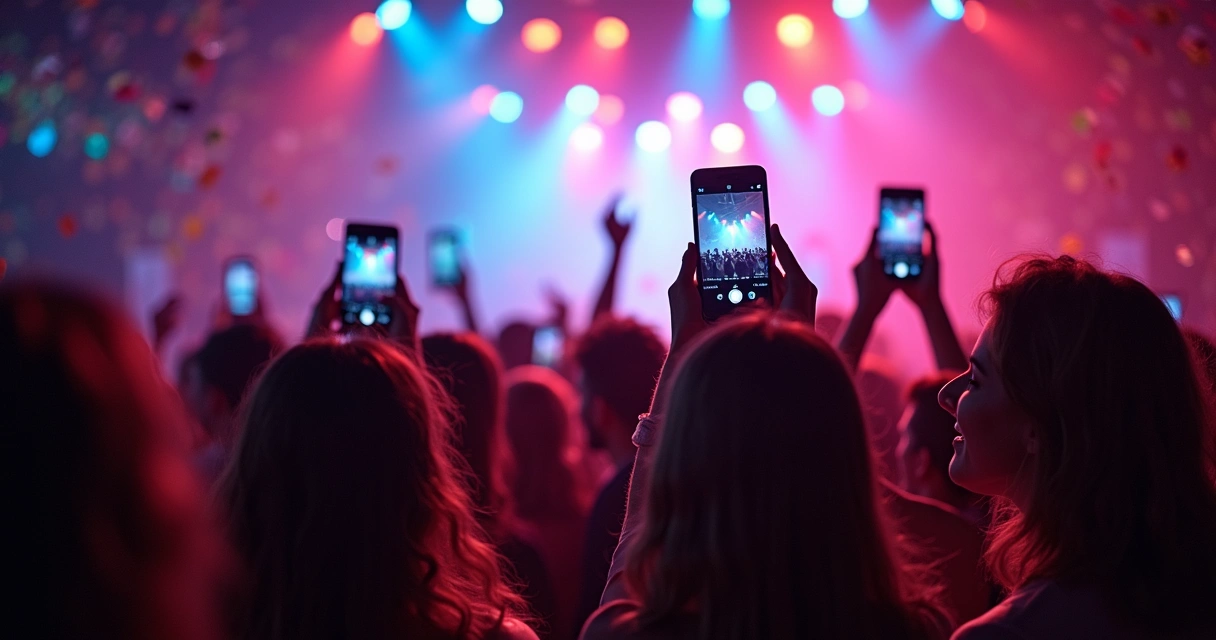 Group of people recording an event in vertical video with smartphones. 