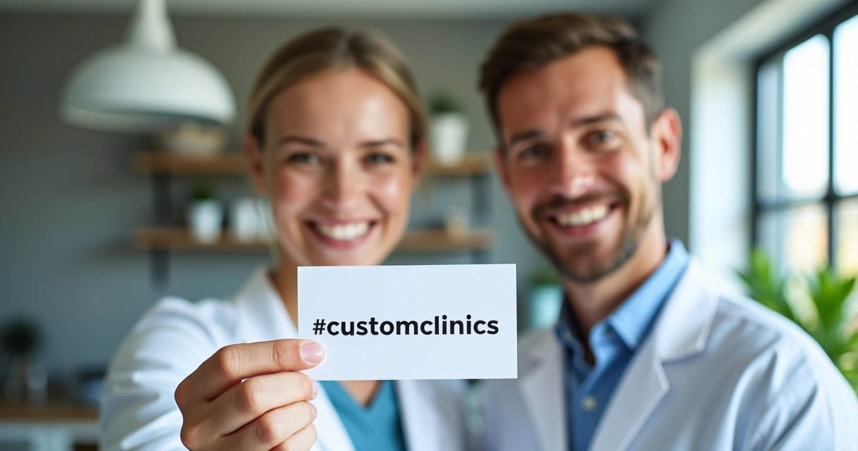 Paciente sorrindo ao lado de dentista, segurando placa com hashtag personalizada da clínica 