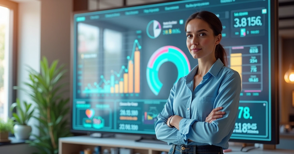 Empresária analisando painel digital com gráficos e métricas de vendas gerados por conteúdo de usuários 