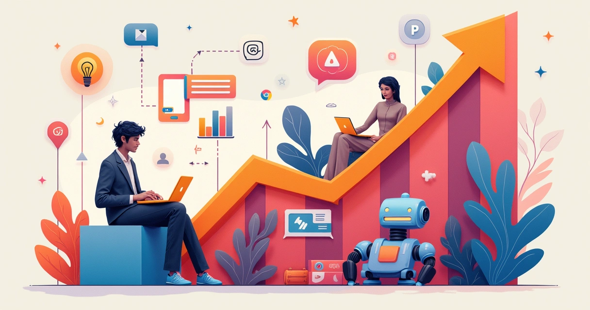 Colagem de imagens representando criatividade, ferramentas digitais e robô colaborando 