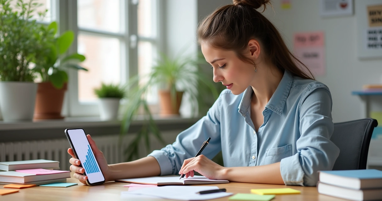 Mulher estudando marketing digital e anotando dicas em caderno, tela de celular mostrando seguidores 