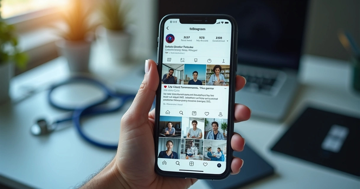 Montagem de smartphone mostrando feed de Instagram médico, com vídeos, carrosseis e stories em destaque. 