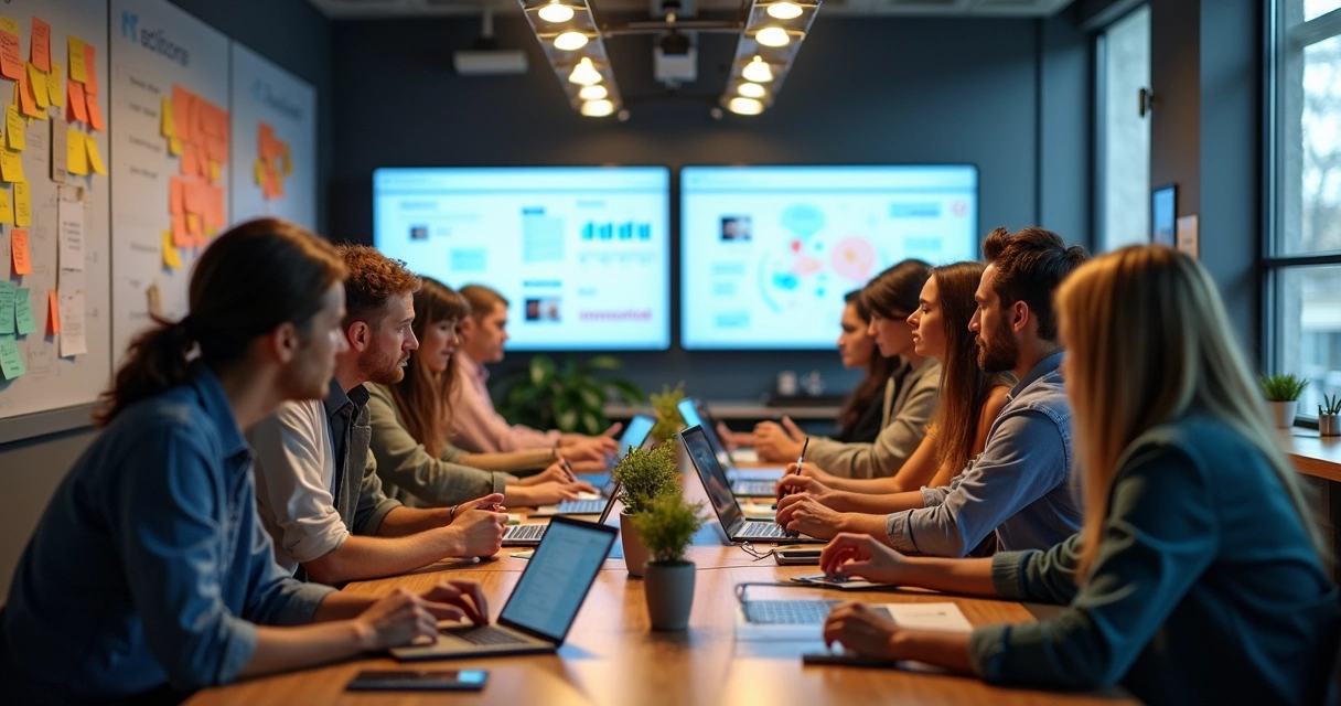 Equipe de agência criando conteúdo digital em ambiente colaborativo