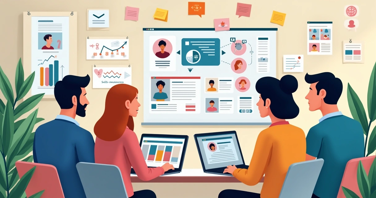 Equipe de marketing criando conteúdo digital em tablets e notebooks