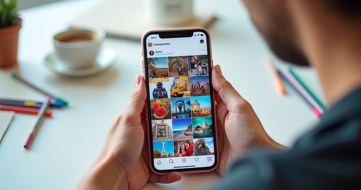 Pessoa mexendo no celular analisando feed colorido do Instagram 