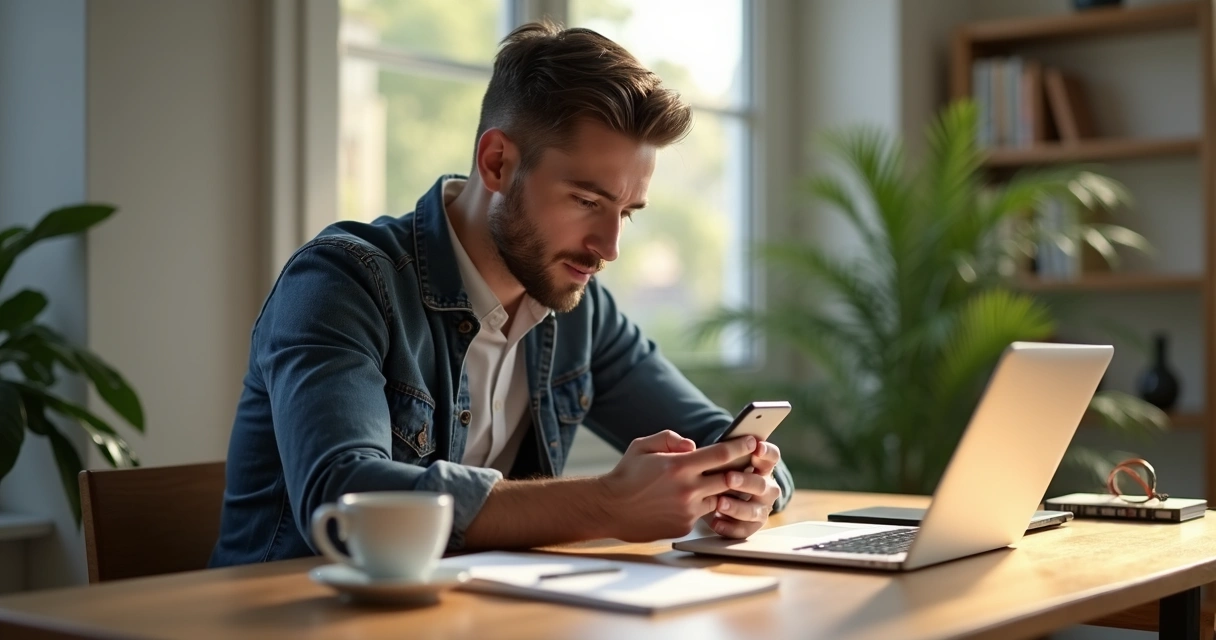 Empreendedor lendo conteúdo de WhatsApp no celular sentado à mesa de trabalho 