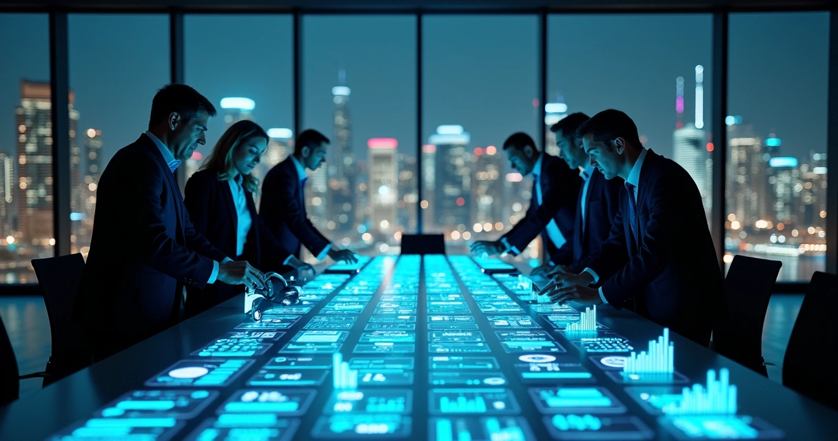 Mesa em formato de teclado com decisores analisando diferentes tipos de conteúdo B2B 