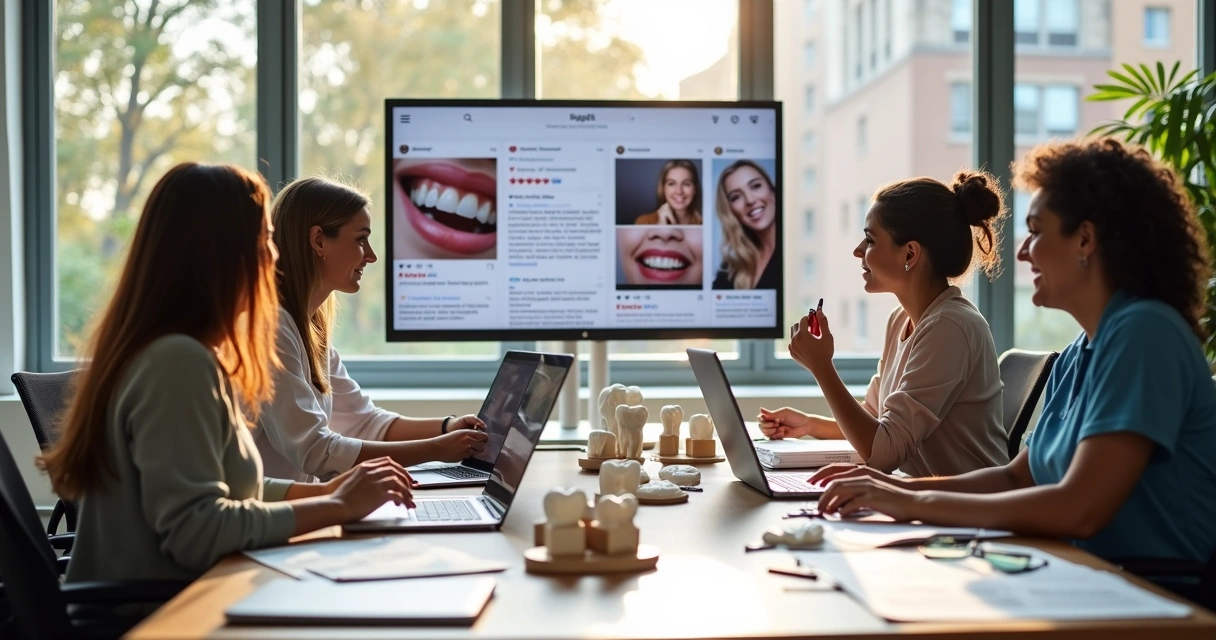 Equipe de marketing odontológico criando conteúdos digitais para redes sociais