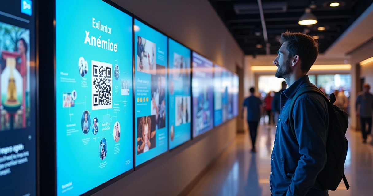 Displays digitais exibindo vídeos e anúncios interativos 
