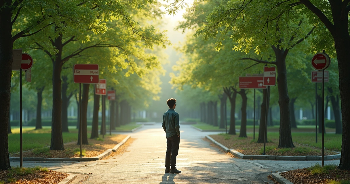 Persona mirando múltiples caminos en un parque, rodeada de señales que muestran diferentes opciones
