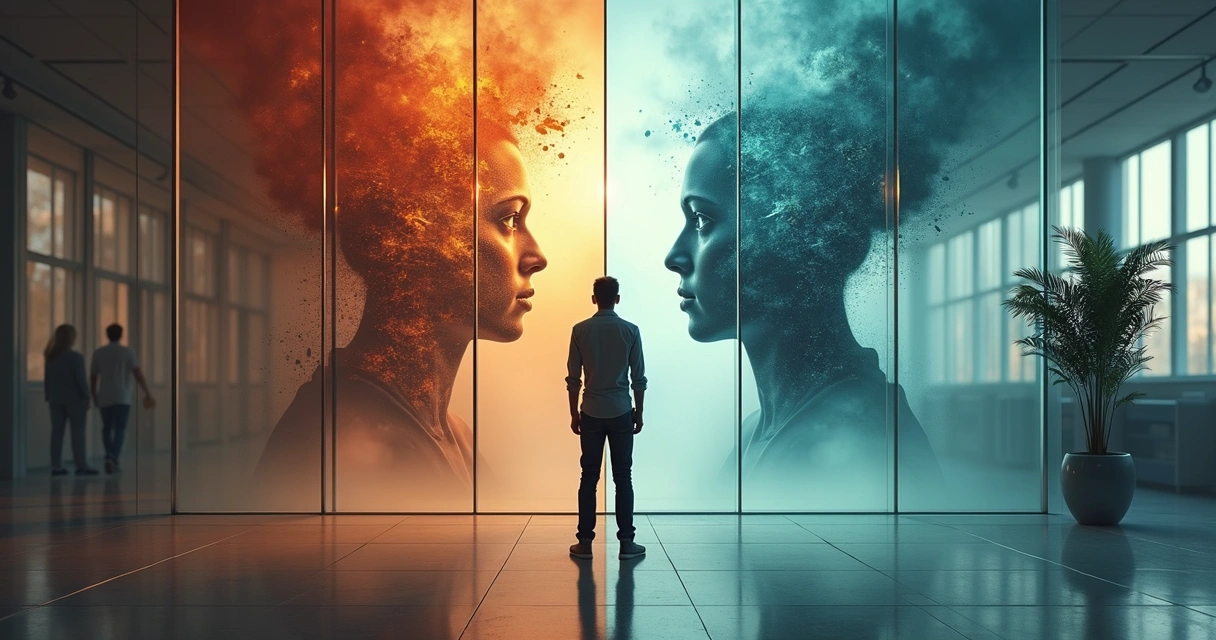 Persona observando su reflejo dividido entre calma y caos emocional 