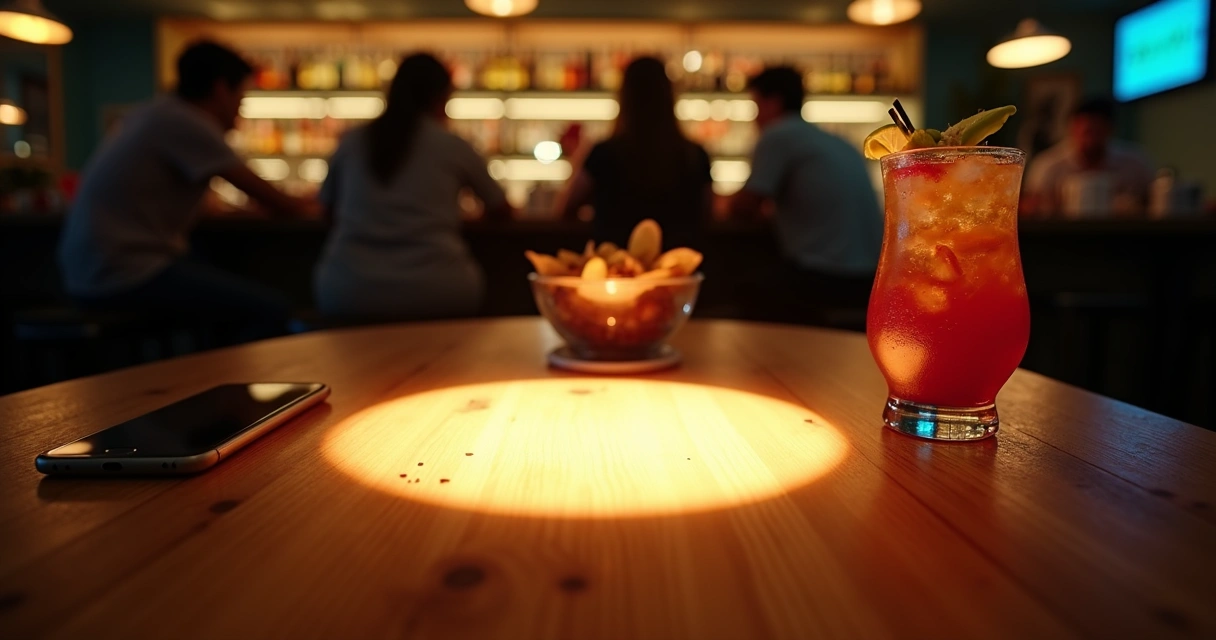 Mesa de bar vista de cima com drink, prato e círculo de luz destacando ponto de contato publicitário 