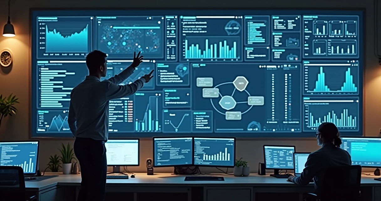 Desenvolvedor mexendo em painel de dashboard com gráficos sobre contingência e logs de RPS 