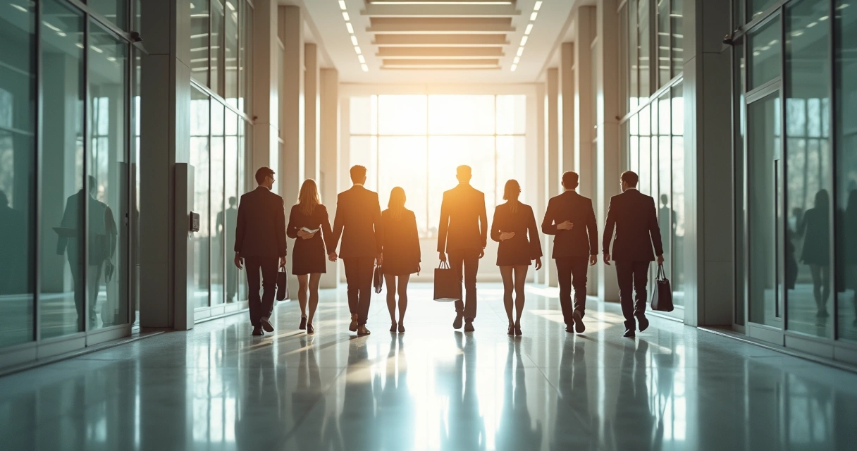 Sucessores públicos caminhando juntos em corredor de prédio institucional