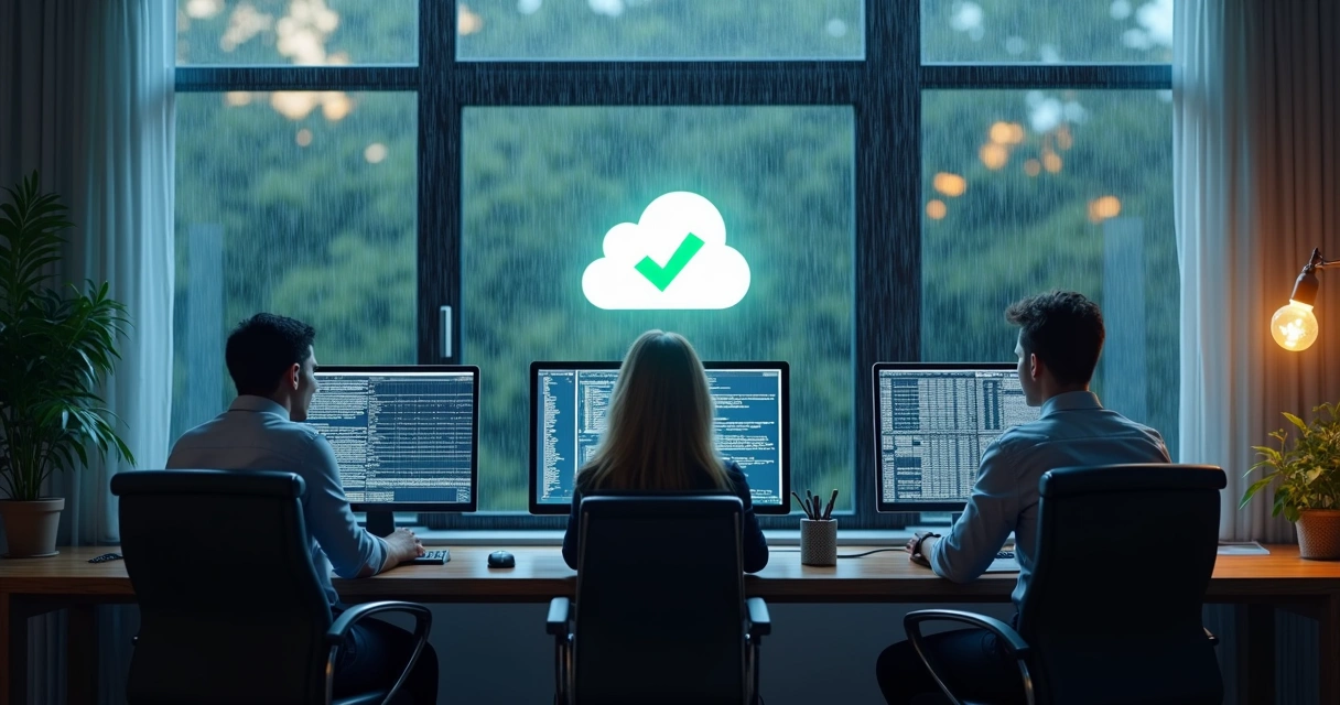 Time empresarial mantendo operações com backup em nuvem