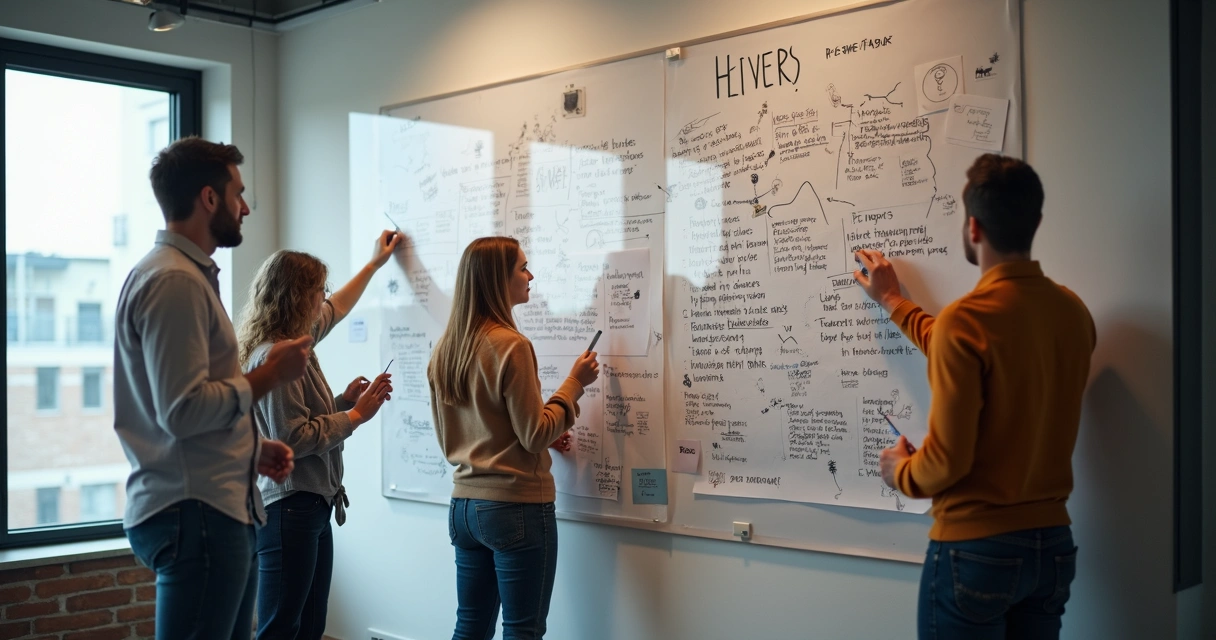 Team in modern workspace reviewing values and purpose on wall