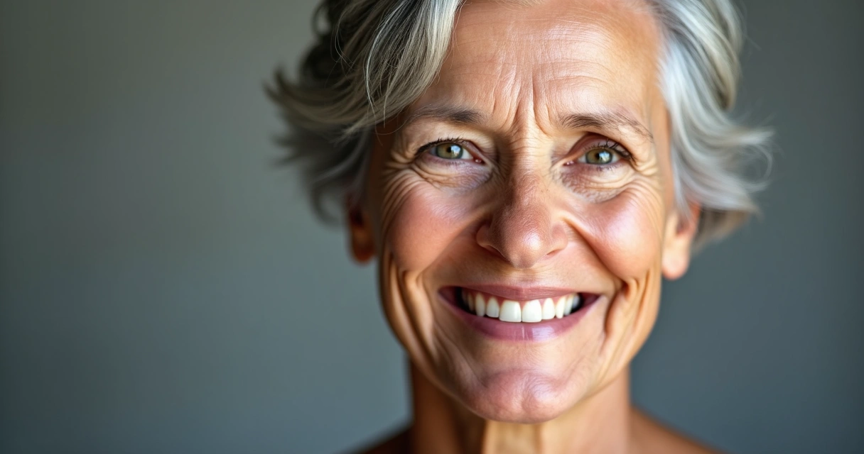 Mulher idosa sorridente com contorno facial natural e pele saudável 