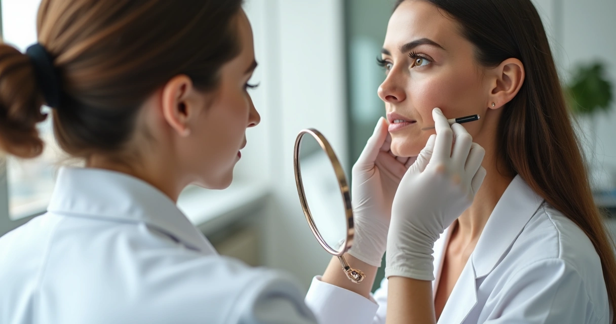 Profissional avaliando o contorno do rosto de uma paciente com luvas e espelho em uma clínica estética. 