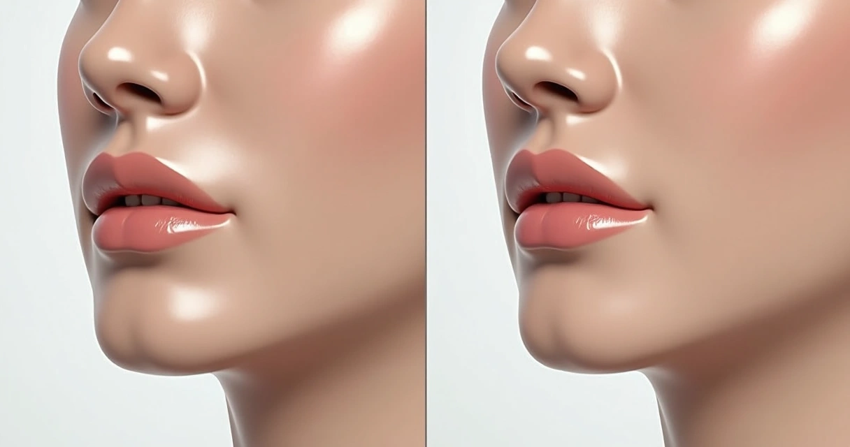 Demonstração de diferença antes e depois na região da mandíbula após procedimento. 