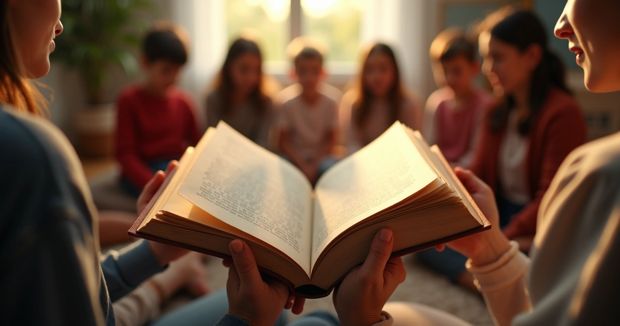 Mãos segurando um livro aberto com páginas iluminadas por luz quente, ao fundo crianças e adultos sentados em círculo lendo contos em ambiente acolhedor 