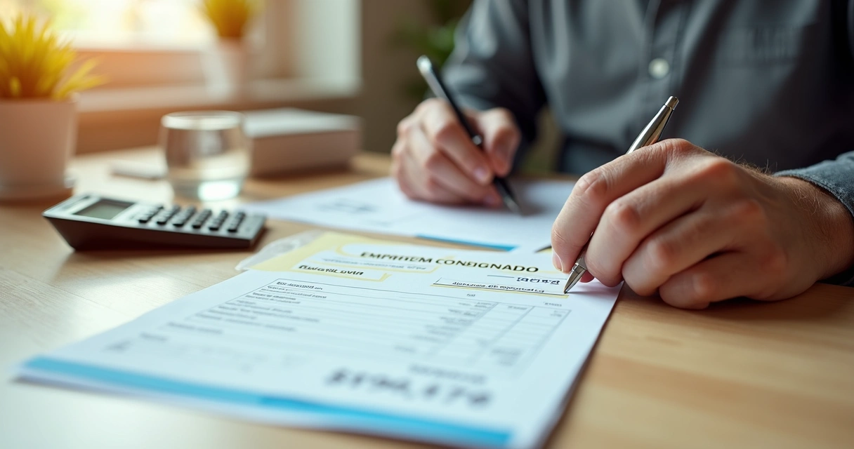 Trabalhador segurando holerite com setor de empréstimo consignado destacado 