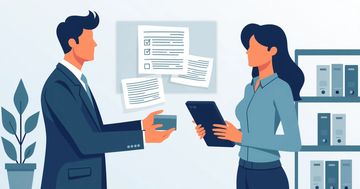 Businessperson handing over access badges and digital devices at desk 