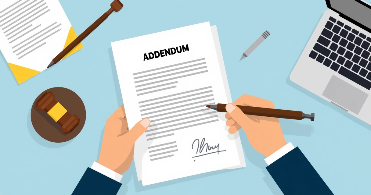 Hands signing a contract addendum with pen and paper.