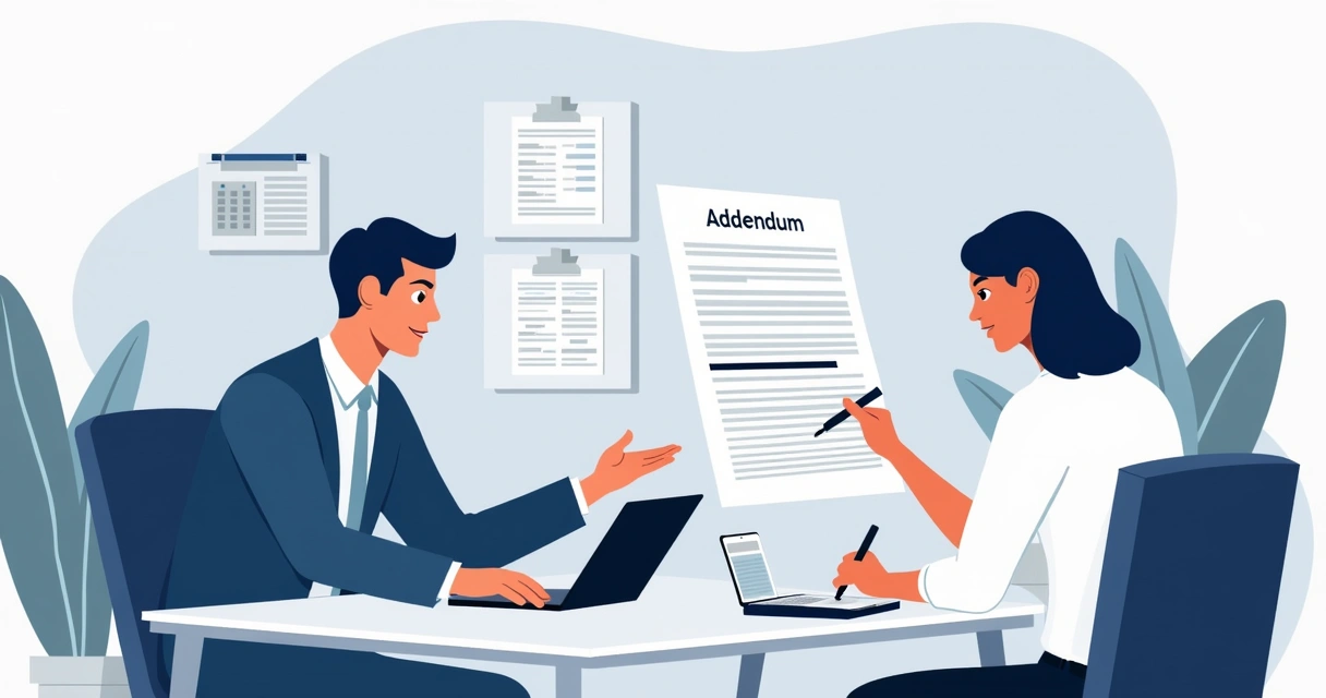 Corporate flat illustration of two business people exchanging signed addendum documents at a desk with digital devices and contract papers