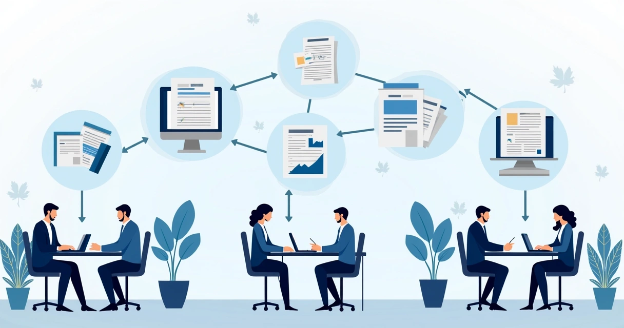 Illustration showing a contract approval workflow with multiple team members reviewing and signing a document at different stages 