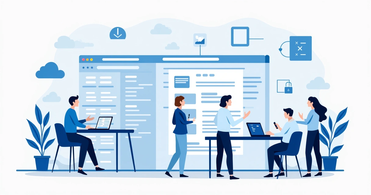 Diagram illustrating digital contract authoring workflow with team collaborating online 