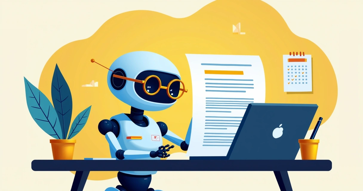 AI robot analyzing business contract on laptop screen
