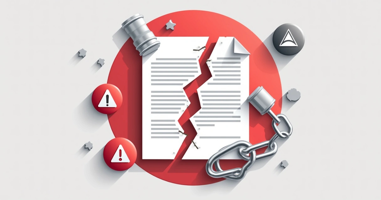 Shattered contract document with legal icons 
