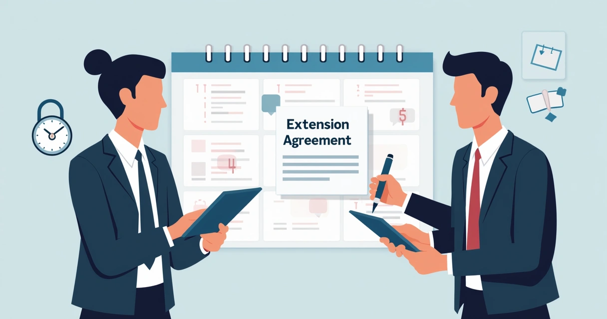 Two people signing a digital contract extension on a tablet, with contract terms visible and a calendar in the background. 