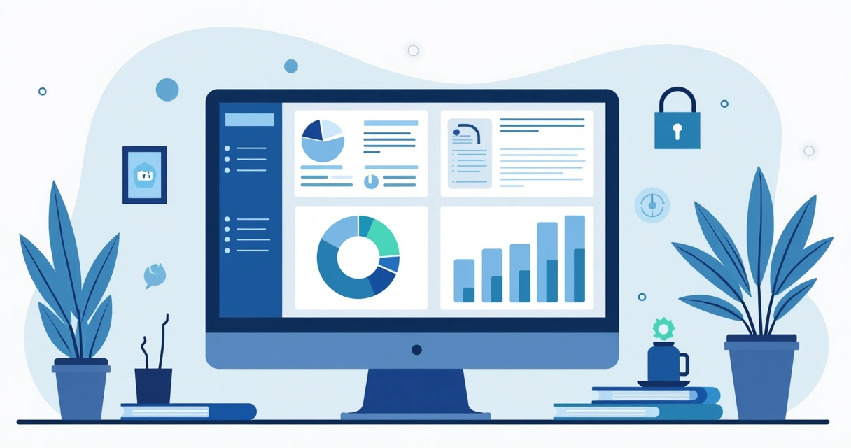 Flat illustration of a digital contract management dashboard with analytics and reminders 