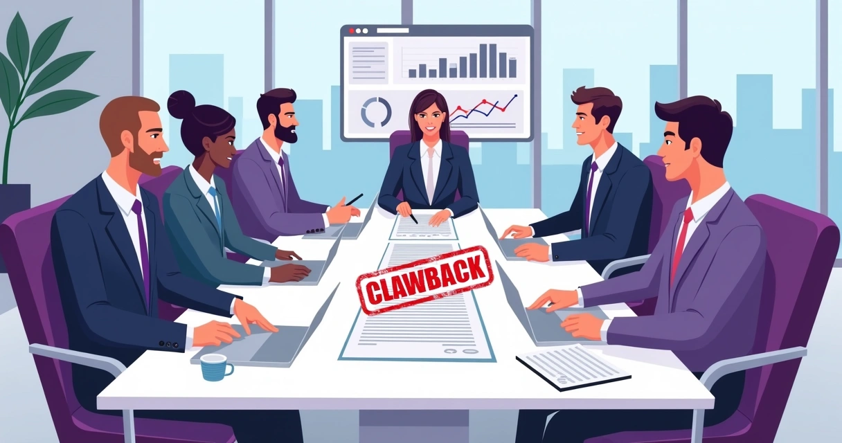 Executives discussing a contract with clawback clause 