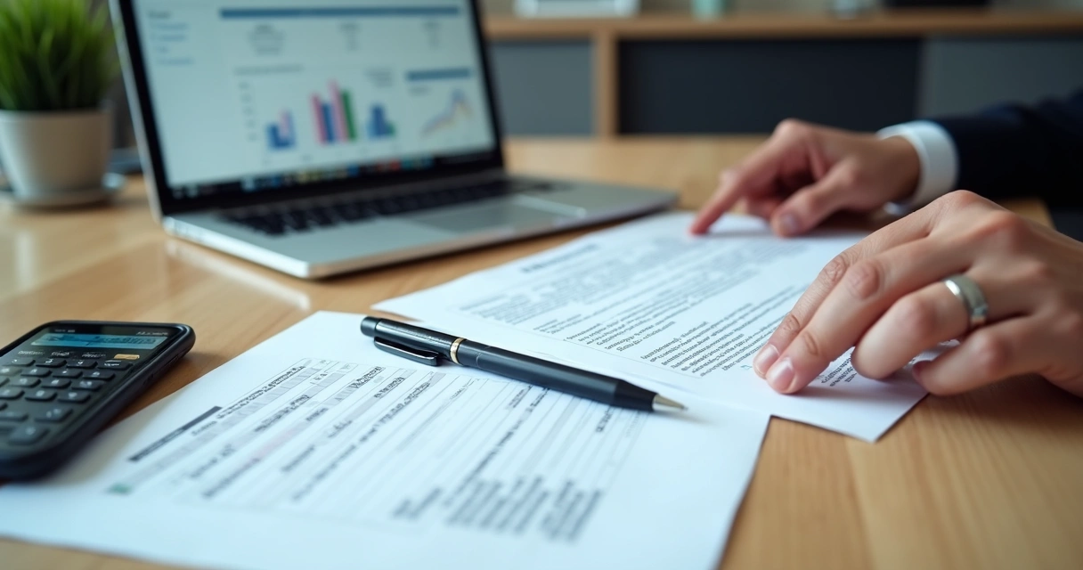 Business meeting table with a contract, laptop, and developer portfolio